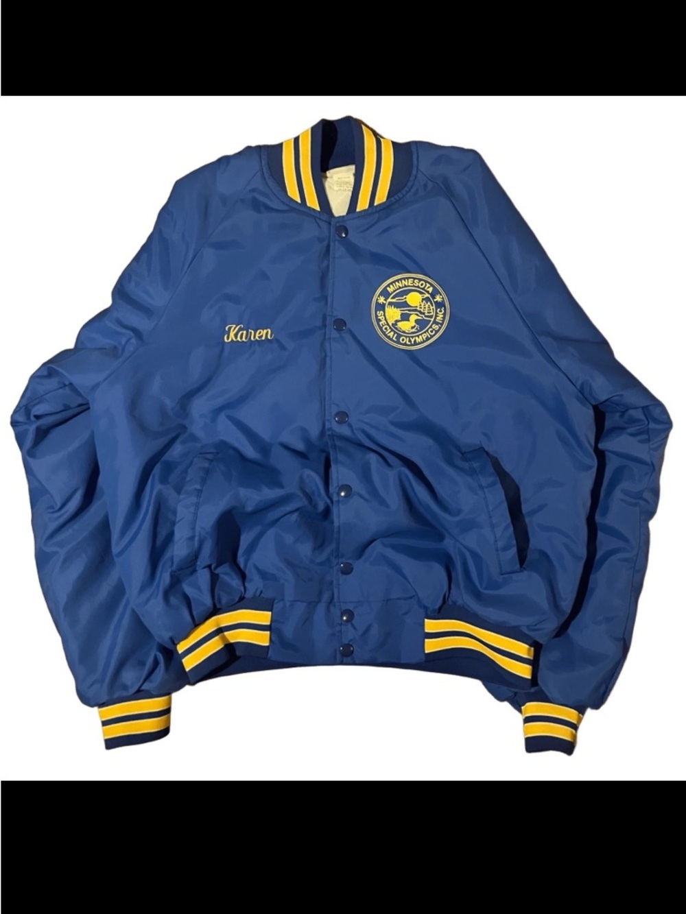 Vtg Minnesota Special Olympics Large Satin Bomber Jacket Embroidered Name Karen